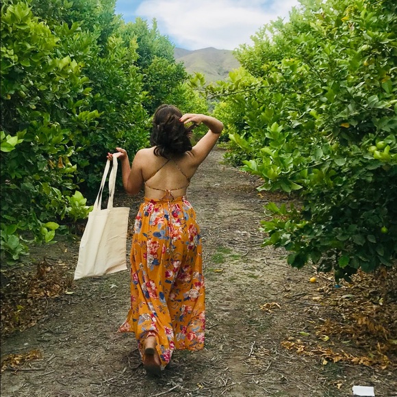 Yellow Floral Plunge Neck Long Dress - Summer Dress - Picture 5 of 8